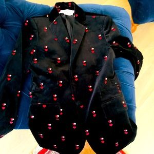 Black velvet blazer with red hearts from FRAME.  Never worn.